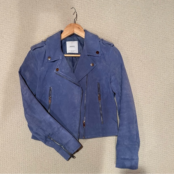 Blue suede cropped biker jacket from Mango - Picture 3 of 7